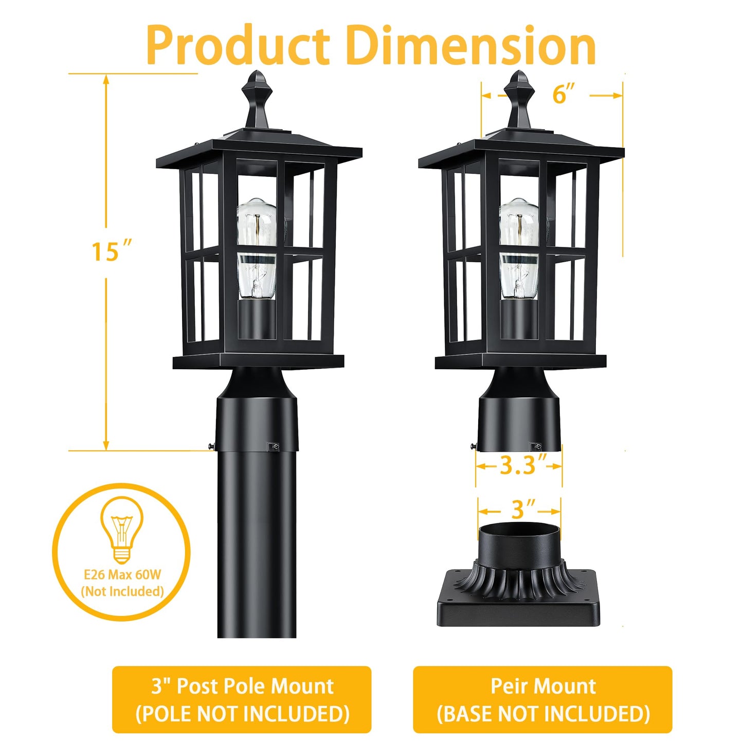 SNRU 2-Pack Outdoor Post Lights, Anti-Rust Farmhouse Pillar Post Light Fixtures, 15" Medium Black Exterior Post Lamp with Tempered Glass, Hardwired 120V Outside Lantern for Garden Driveway & Yard