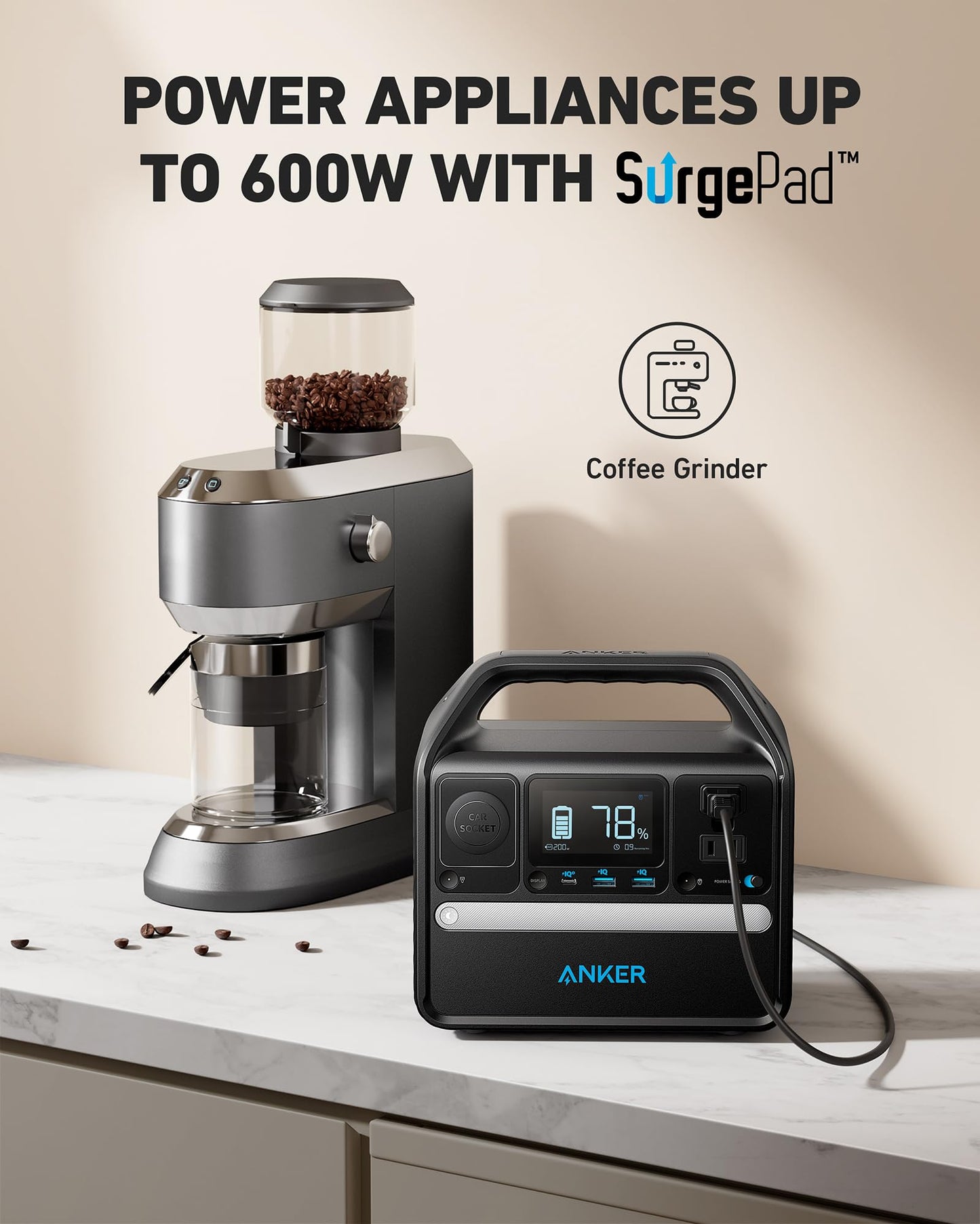 Anker 521 Portable Power Station (Powerhouse 256Wh), 6-Port Powerhouse 200W/256Wh with Solar Generator, 2 AC Outlets, 60W USB-C Power Delivery Output, LED Light for Outdoor RV, Emergencies and More