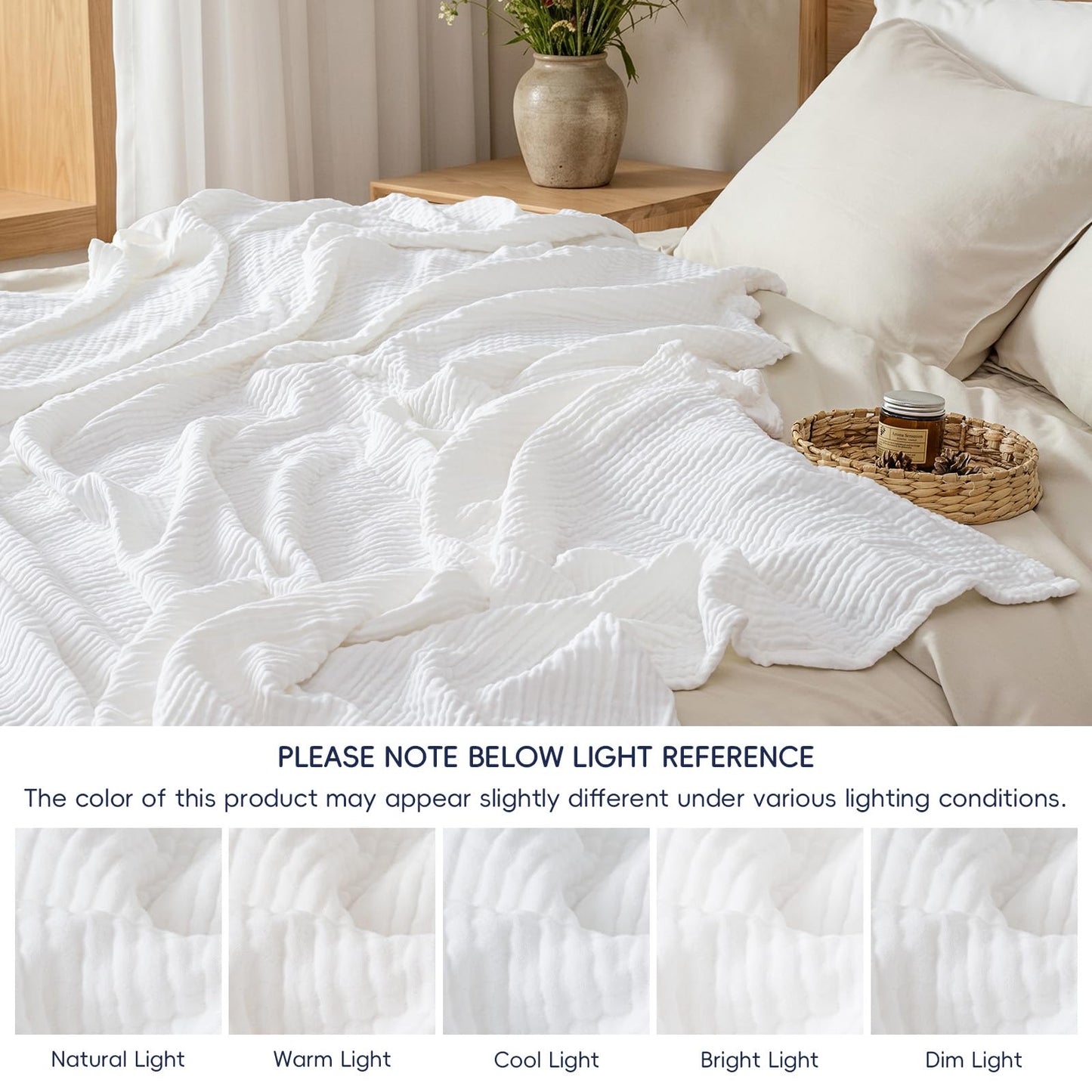 PHF Cooling Muslin Blanket King Size, Lightweight Gauze Blanket for Adults, 60% Rayon Derived from Bamboo & 40% Cotton for Summer, 4-Layer Soft Breathable for Hot Sleepers, 108"x90", White