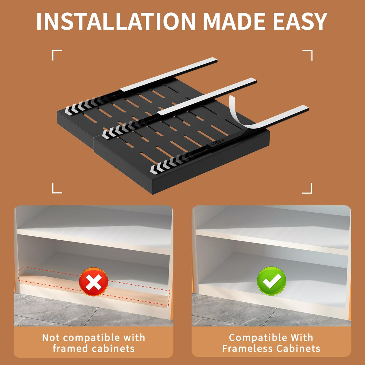 Pull Out Cabinet Organizer 2 PCS, 21" Deep, Expandable(12.4"-20.4") Slide Out Drawers for Kitchen Cabinets Fixed with Adhesive Film for Pots,Pans,Heavy Duty Slide Out Cabinet Organizer and Storage