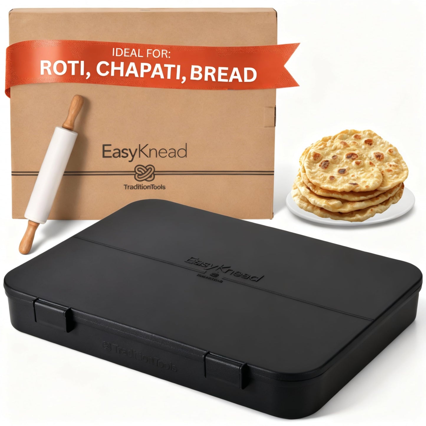 EasyKnead Roti Box with Rolling Pin – Rotibox for Rolling Roti - Roti Making Box for Chapati, Paratha, Puri, Bread – Non-Slip Kneading Board Rotibox