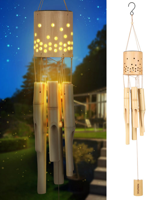 Bamboo Wind Chimes for Outside with Solar Accent Light, Outdoor Wooden Wind Chimes, 6 Bamboo Tubes, Deep Tone, Perfect for Patio, Garden, Porch, and Balcony Decor