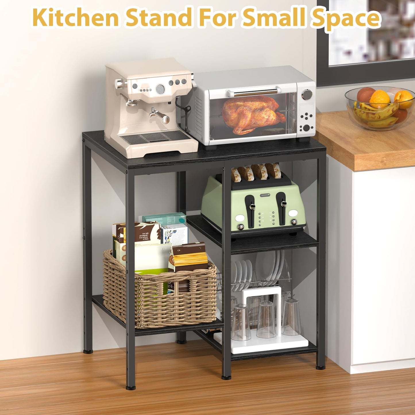 Kitchen Microwave Stand,4-Tier Adjustable Bakers Rack,Multi-Purpose Kitchen Storage Cart for Coffee Station,Space-Saving Metal Appliance Shelf for Living Room (Black)