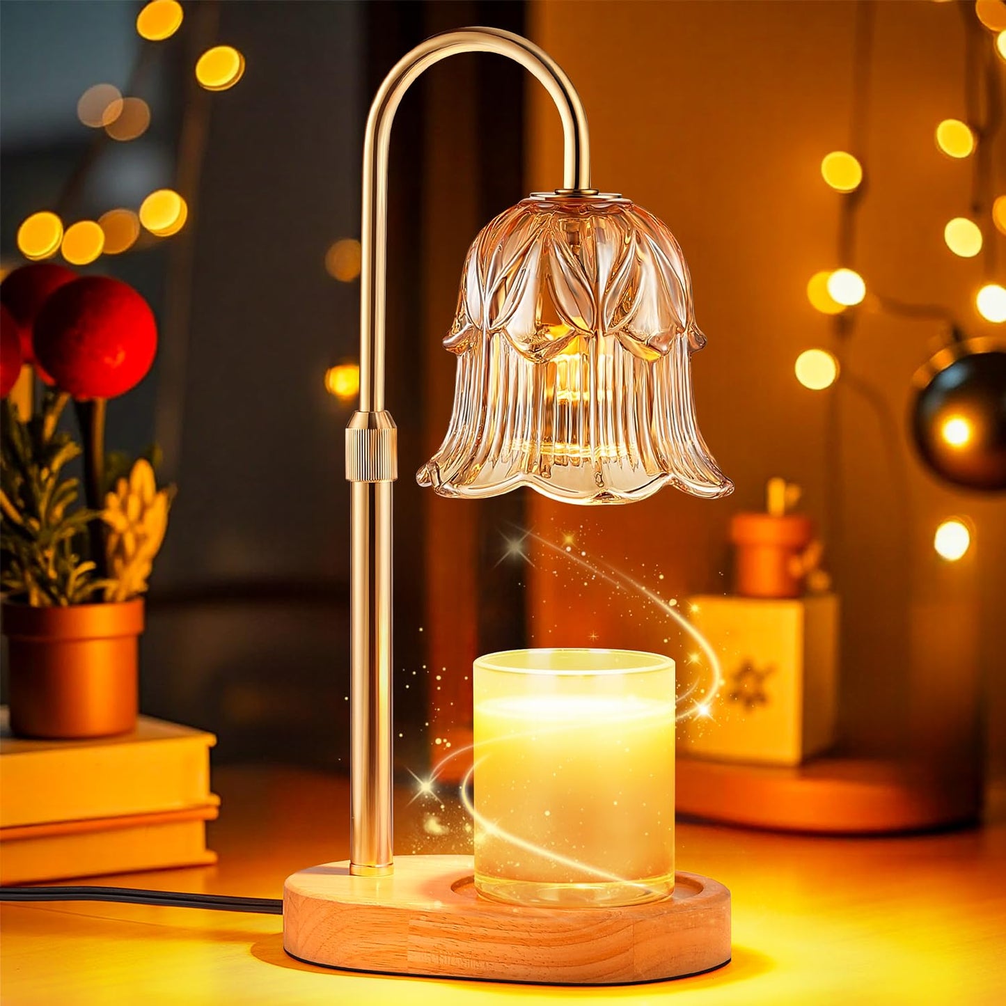 Candle Warmer Lamp with Timer - Adjustable Height Electric Candle Warmer Lamp with Dimmer, Flower Glass Shade Wax Melt Warmer with Wood Base, Dimmable Halogen Candle Warmer for Jar Candles Home Decor