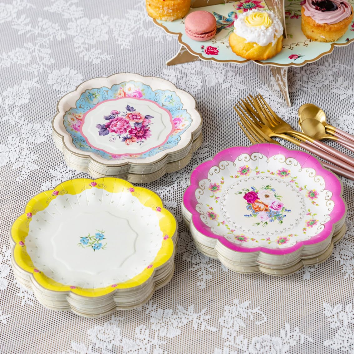 Talking Tables |144x | Vintage Floral Paper Plates Bulk Pack, Pink, Blue, Yellow, Scalloped Edge, Truly Scrumptious, Disposable Tableware, Birthday, Garden Party, Afternoon Teas, Baby Shower, Wedding