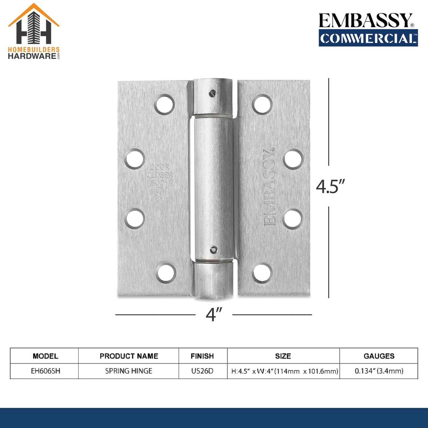 Embassy Self-Closing Door Hinge, Commercial Standard Weight 4 1/2" x 4" Adjustable Spring Hinge, Fire-Rated, Concealed Bearing, Brushed Chrome (US26D) Finish, 3 Pack -Size Ideal for Canadian Doors