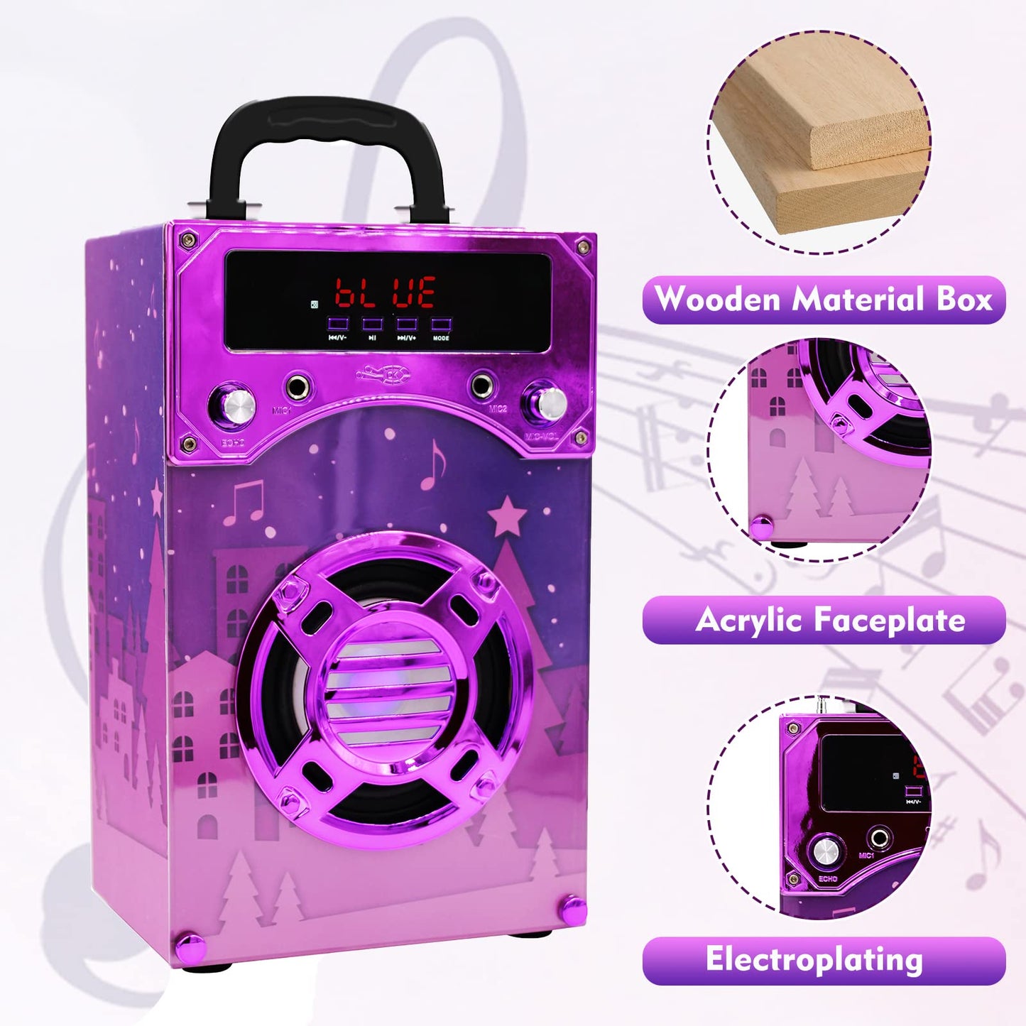 IndeCool Kids Bluetooth Karaoke Speaker with 2 Microphones, Remote Control Speaker Portable Karaoke Machine for Kids Adult Party Gift (Purple)