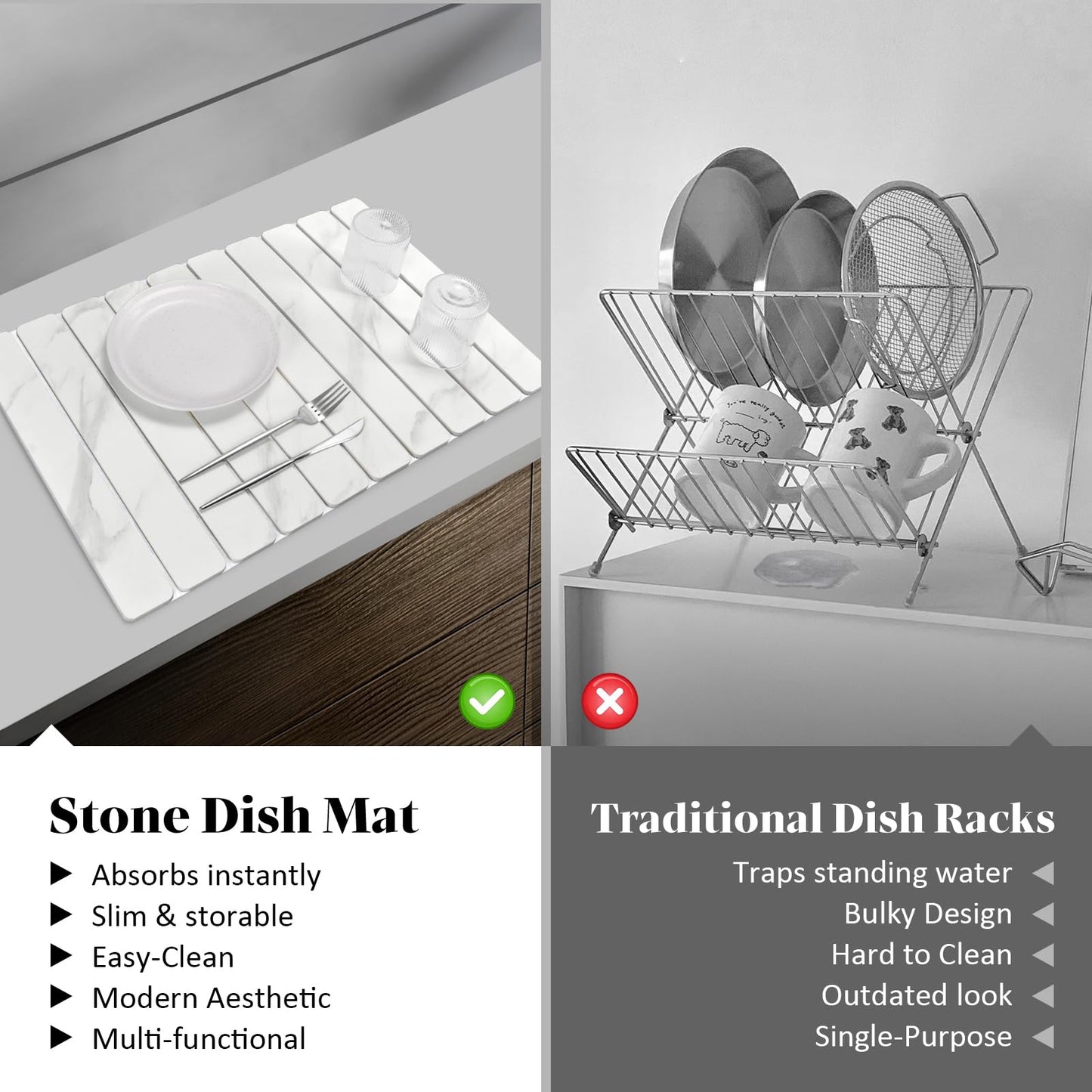 2 PCS Large Stone Dish Drying Mats for Kitchen Counter, 61"(L)×41"(W) Marble Pattern Mat with 20"x 10" Coasters, Collapsible Quick-Dry Diatomite Drying Mat for Dishes, Bottles & Cups