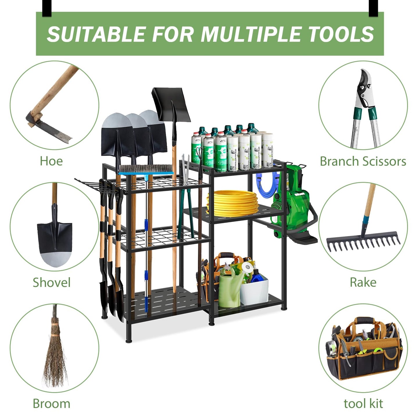 BQKOZFIN Garden Tool Storage Rack, Garden Tool Organizer for Garage, Up to 35 Long-Handled Tools/Rakes/Brooms, Heavy Duty Steel Garden Tool Stand for Shed, Outdoor, Home, Black (Large-Garden Tool)