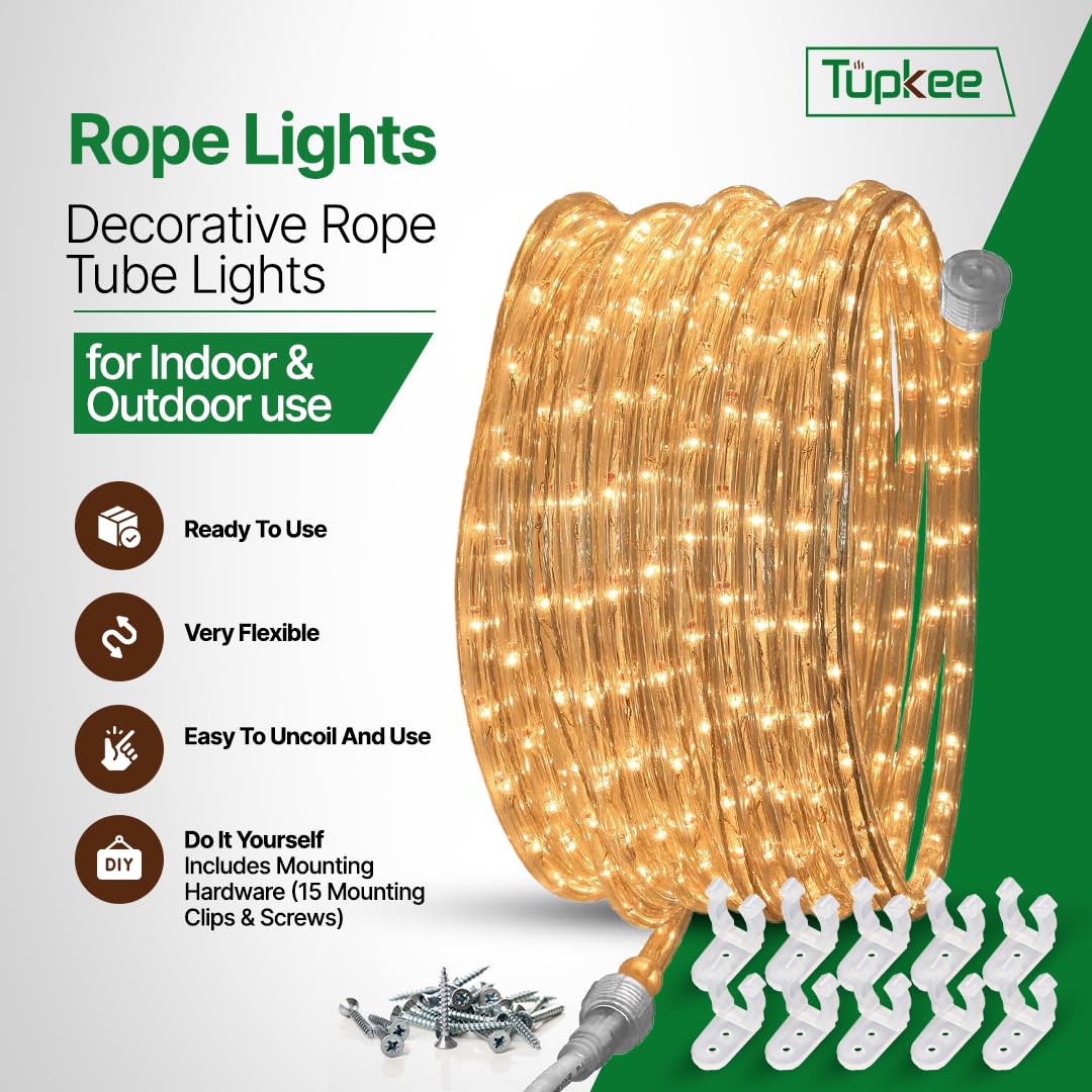 Rope Light CLEAR - for Indoor and Outdoor use 24 Feet (7.3 m) - 10MM Diameter - 288 CLEAR Incandescent Long Life Bulbs Rope Lights