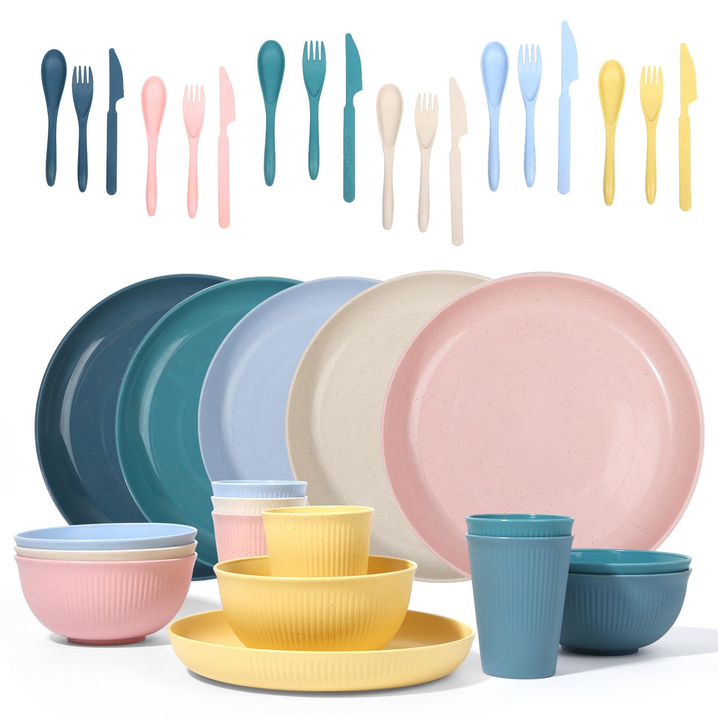 Wheat Straw Dinnerware Sets -DAPIPIK 36 Piece Unbreakable Dinnerware Sets for 6, Wheat Straw Plates and Bowls Set, Lightweight Camping Plates Cups and Bowls Set.Dishwasher Microwave Safe Dinnerware
