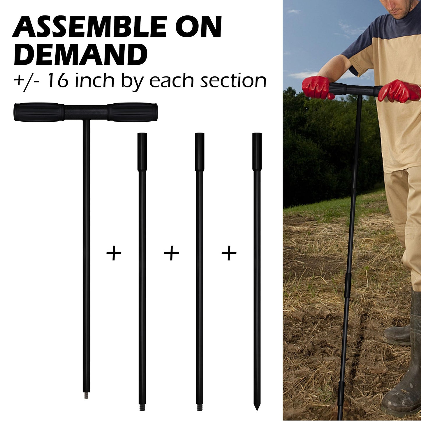 Sfcddtlg 64 Inch Metal Ground Soil Probe Rod - Adjustable Soil Sample Probe - T-Handle Septic Tank Locator for Tile Probing, Soil Compaction, Locating Underground Pipes, Landscaping, Gardening