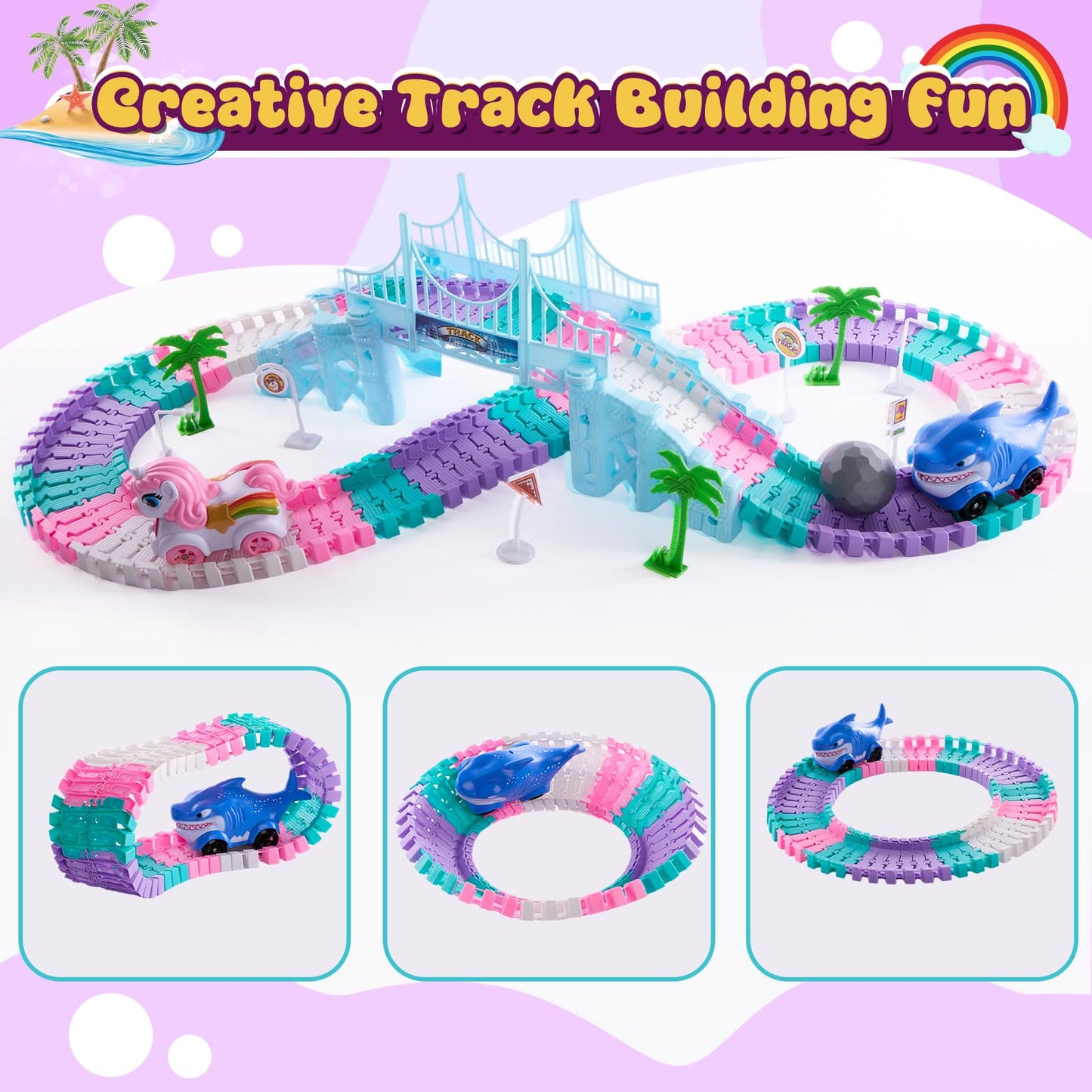 DIY Unicorn Racetrack Toy Set, 194 PCS Bendable Flexible Track with Race Cars & Ball, Creative Build STEM Racing Toys for Kids Ages 3-12, Unicorn Gifts for Girls & Boys