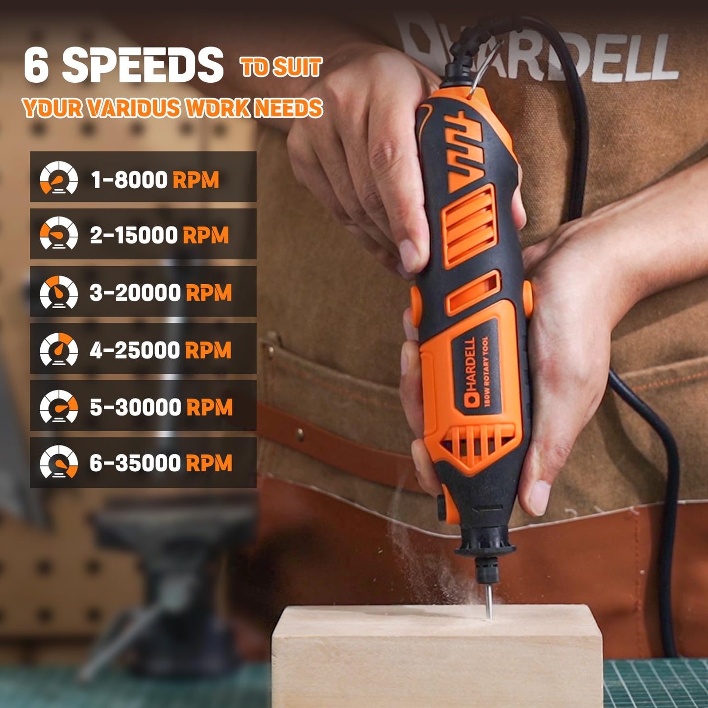 HARDELL Rotary Tool Kit - 180W Corded Power Rotary Tool 6 Variable Speeds with 61 Accessories, 8000-35000RPM, for Sanding, Polishing, Cutting, Engraving,Carving, DIY Crafts