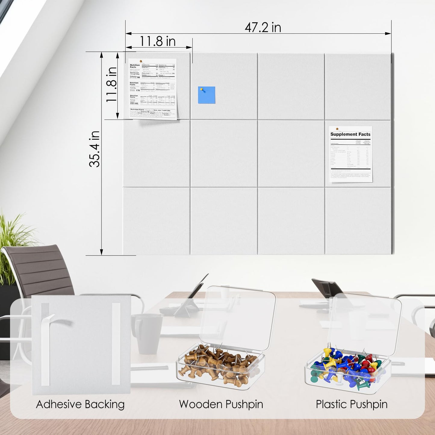 MaxGear Large Cork Board for Wall 48" x 36" White Bulletin Board, 12 Pack Felt Wall Tiles with Pushpins, Cork Boards for Office Pin Board Tack Board for Photo Meno Decor
