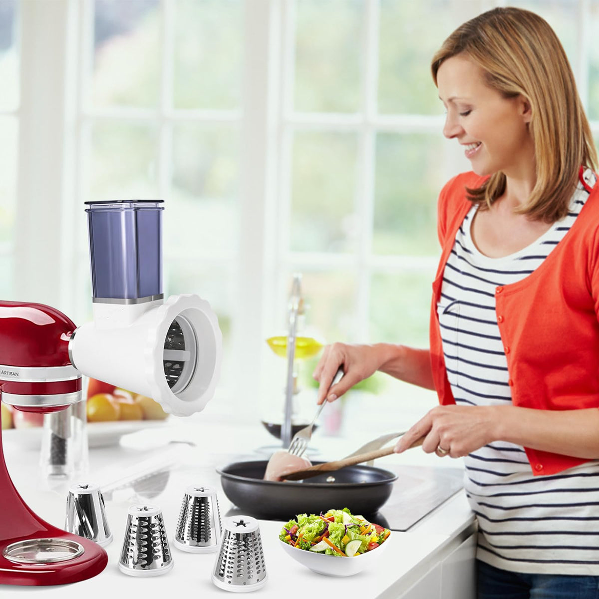 Upgraded Slicer/Shredder Attachments for All KitchenAid Stand Mixers, Food Slicers Cheese Grater Attachment, Salad Maker Accessory Vegetable Chopper with 4 Blades - Dishwasher Safe