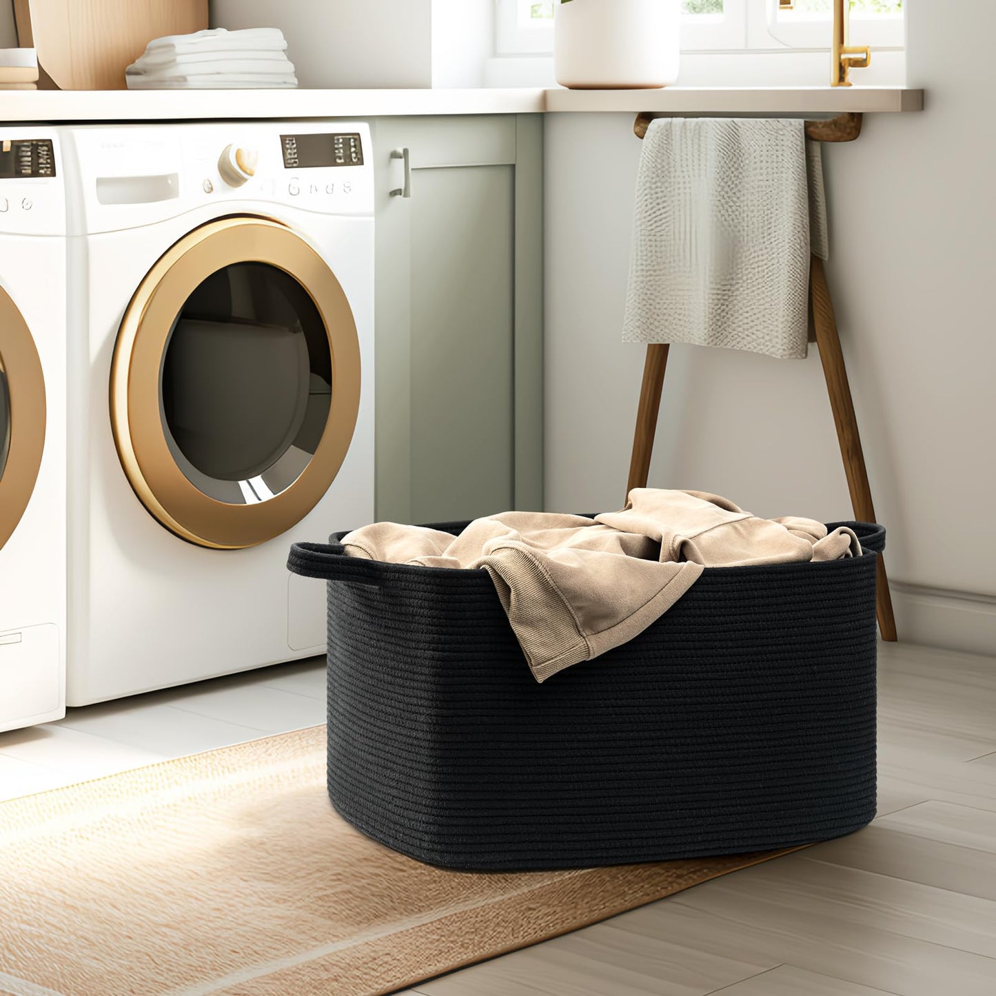 Goodpick Large Laundry Basket, Blanket Basket Living Room, Storage Baskets for Toys, Towels, Rectangle Rope Toy Storage Baskets for Baby, Kids, 21.6" x 14.9" x 11.8", Black