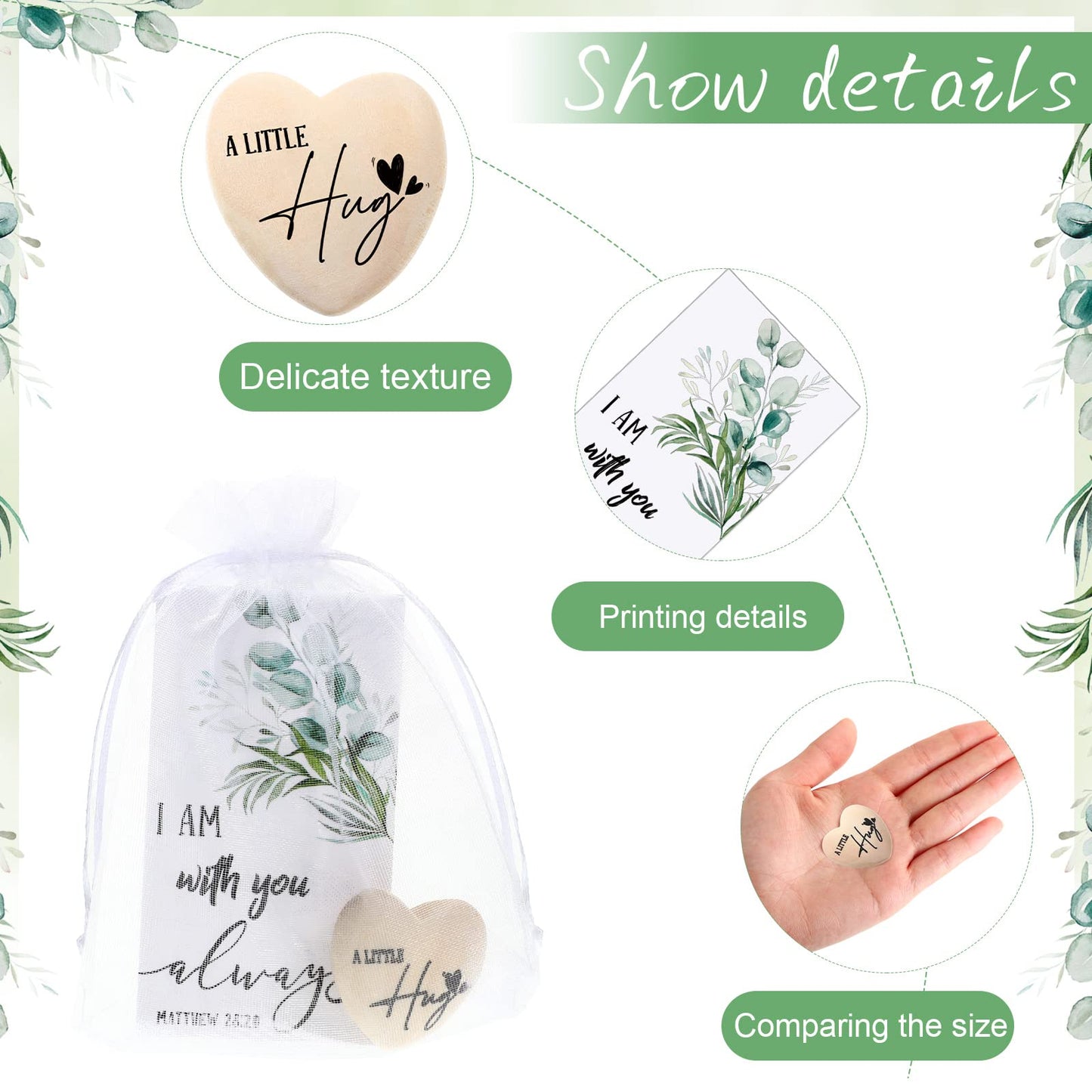 Bucherry 100 Sets Wooden Heart Pocket Hug Token with Bible Hug Card Organza Bag Bulk Student Pocket Reminder Keepsake Heart Charm for Family Friend Colleagues