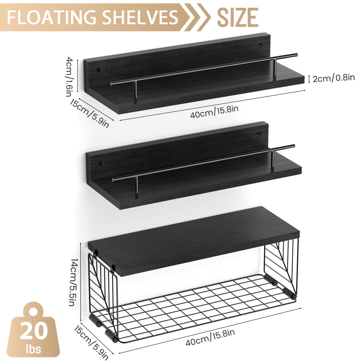 Kowsinde Bathroom Shelves with Wire Storage Basket, Floating Shelves Over Toilet with Protective Metal Guardrail, Wood Wall Mounted Floating Shelves for Bathroom, Living Room, Kitchen and Bedroom
