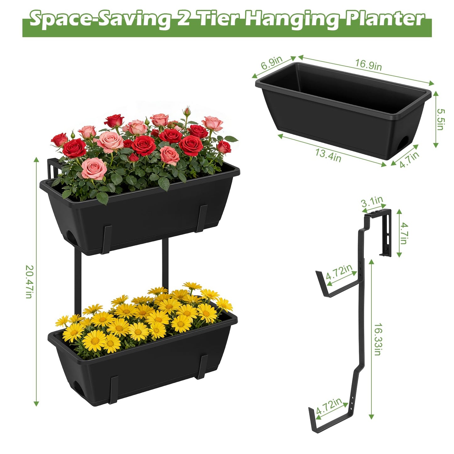 Railing Planter Boxes 2 Pack Window Boxes Planters with 2-Tier Adjustable Brackets, 16.9’’ Black Deck Railing Planter Boxes Vertical Balcony Hanging Flower Pots for Fence Rail Porch Garden Decor
