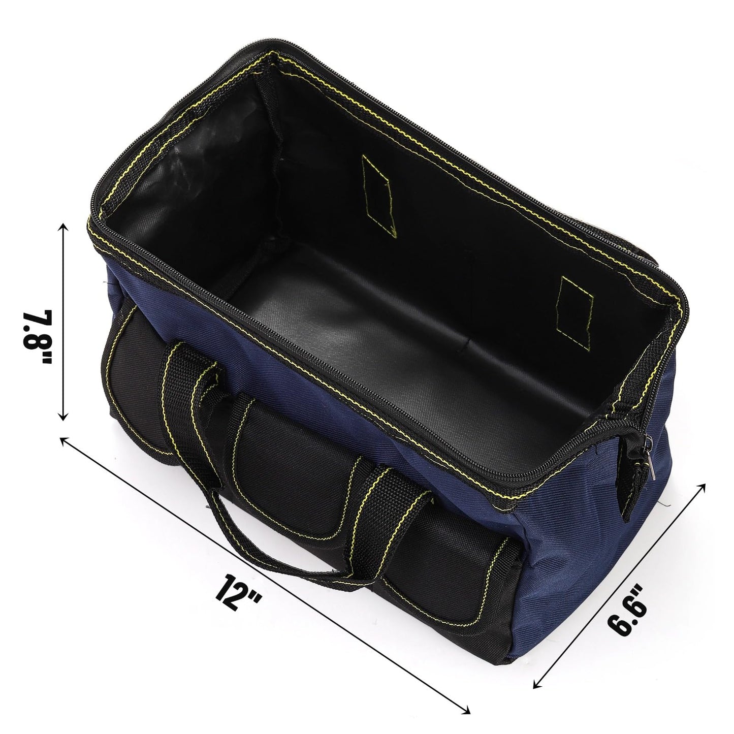 Mezchi 3 Pack 12 Inch Tool Bag, Wide Mouth Tool Tote Bag with Waterproof Base, Heavy Duty Tool Storage Bag Organizer for Various Tools, 5 Pockets, Blue, Yellow, Red