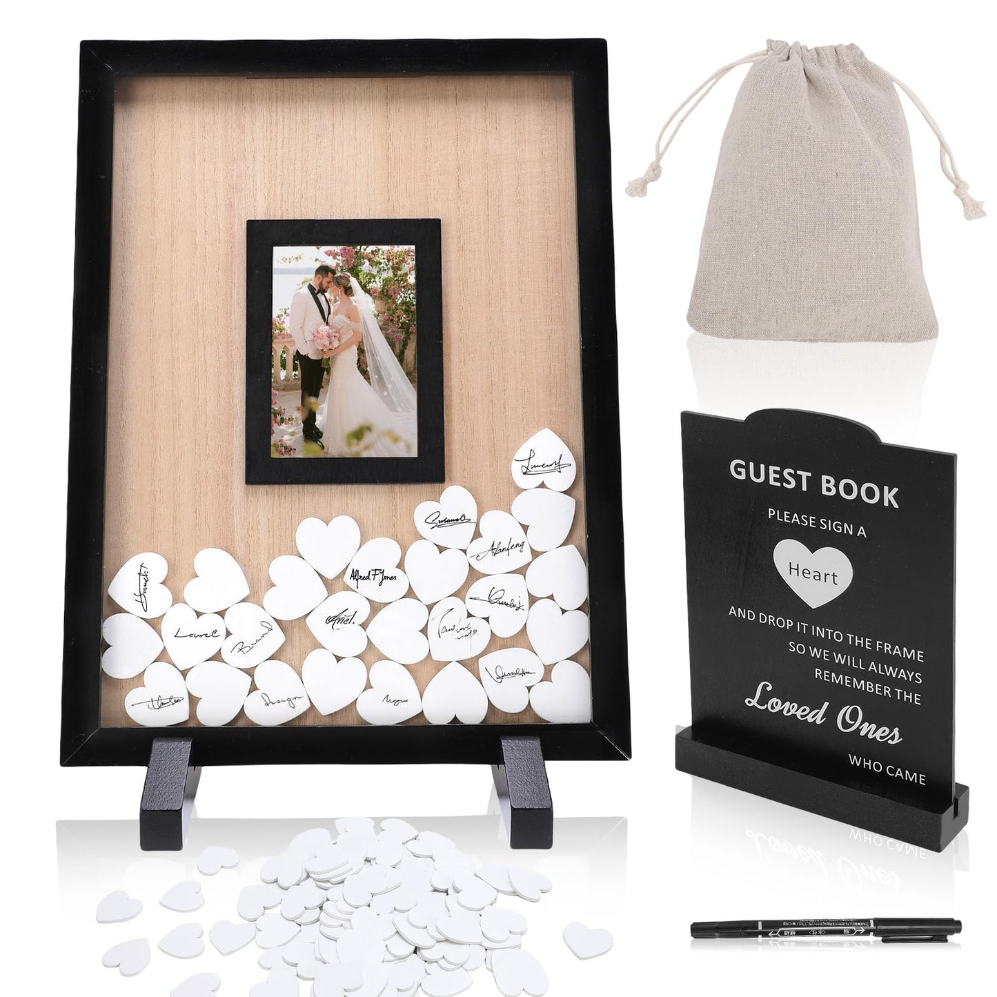 Gugxiom Wedding Guest Book Alternative, Wooden Picture Frame Guestbooks with 90+ hearts, Guest Book Alternative for Wedding Baby Shower Anniversary Birthday Party (Black)