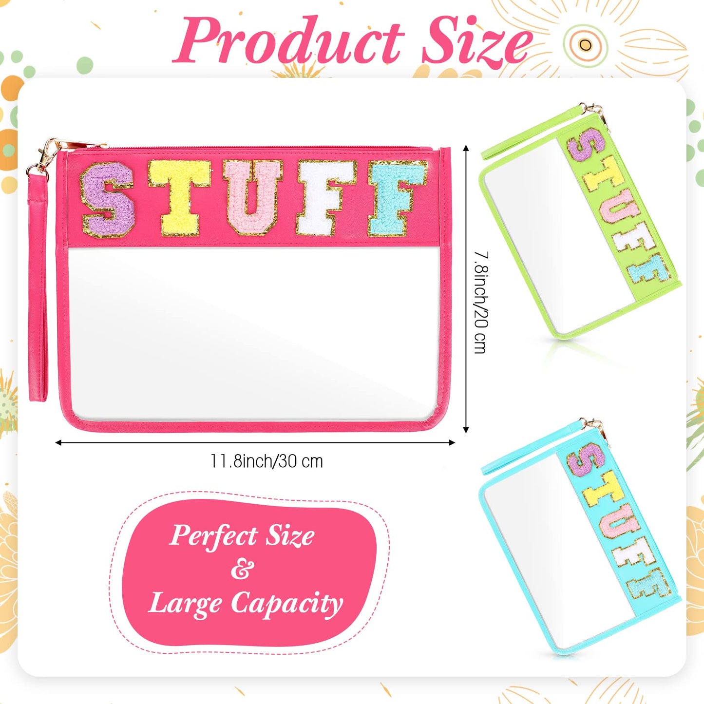 Nuanchu 9 Pcs Clear Chenille Letter Bag Stuff Pouch PVC Waterproof Preppy Cosmetic Makeup Bag Snack Travel Beach Pouch with Wrist let for Teen Women Gifts Operation Christmas Gifts Items