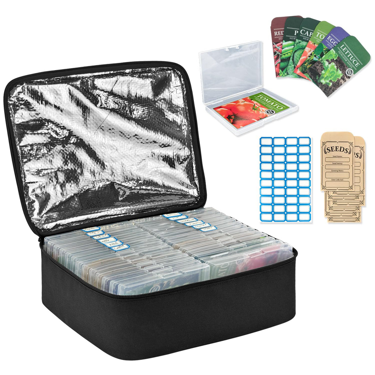 Boczif 26 Slots Seed Storage Organizer Box with Insulated Bag Seed Envelopes Bag and Label Stickers, Garden Seed Container for Seed Packets, Plant, Flower, Vegetable Seeds