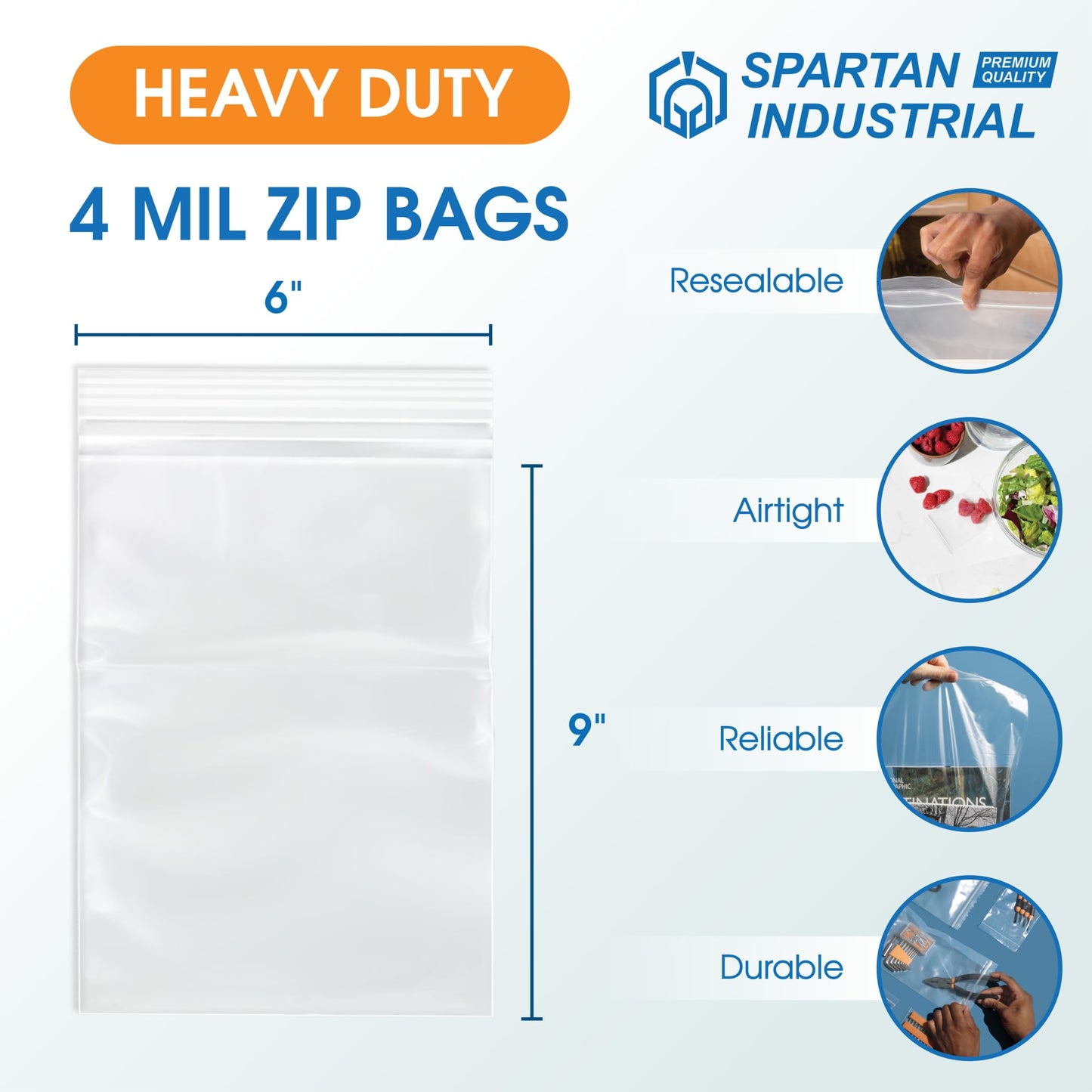 Spartan Industrial - 6” X 9” (1000 Count) Thick Durable Quart Clear Reclosable Zip Plastic Poly Bags with Resealable Lock Seal Zipper - 4 Mil