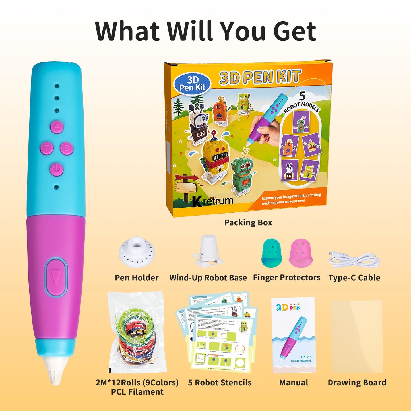 Kretrum 3D Pen for Kids Low Temperature 3D Printing Pen Kit with Robot Stencils Robot Base Finger Protectors 1.75mm PCL Filament etc. 3D Pen Best Birthday Gift for Children Crayon 3D Stylo 3D (Blue)