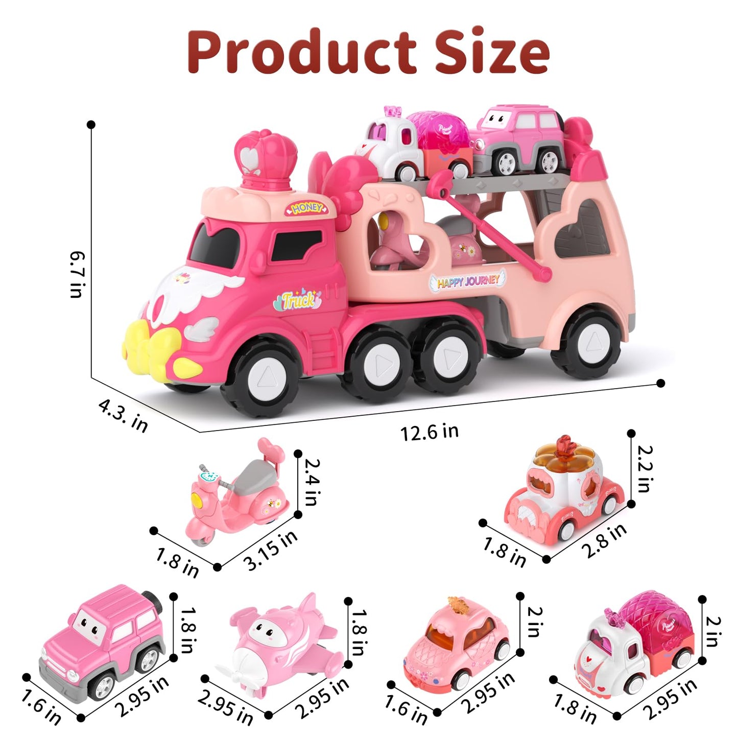 Toddler Girl Truck Car Toys for 1 2 3 Year Old Girl Birthday Gifts, 7-in-1 Pink Princess Transport Carrier Trucks for Toddlers 1-3, Friction Power Toy Cars with Lights & Music, My Daughter First Gift
