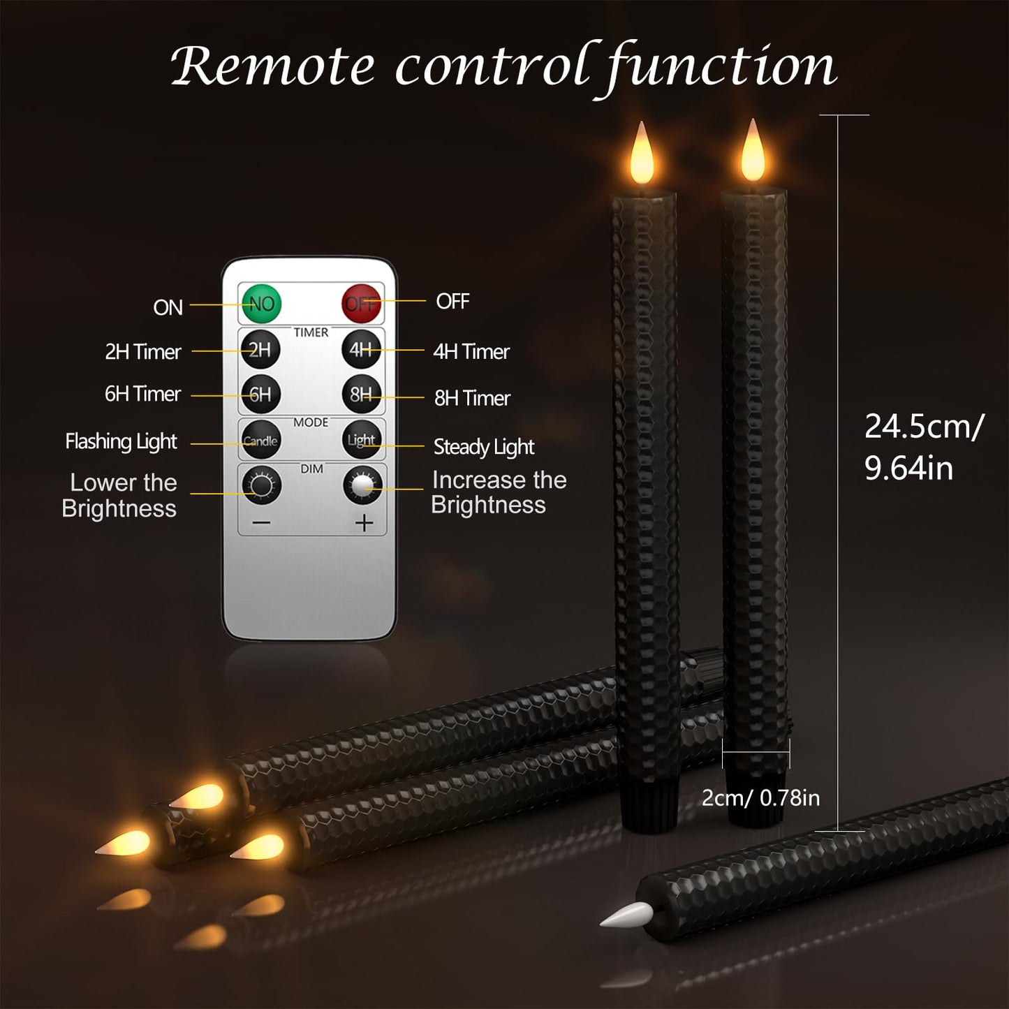 Punasi Black Flameless LED Taper Candles with Remote Timer, 9.75” Battery Operated Window Candles with 3D Flickering Flame, Real Wax Candlesticks for Home Room Table Halloween Christmas Decorations