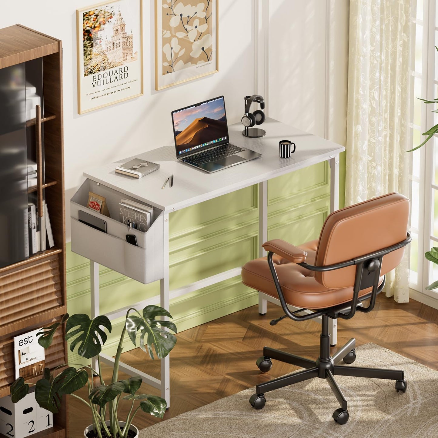 HLDIRECT 32 inch Computer Desk with Storage Bag, Home Office Desks for Small Spaces Modern Study Writing Desk with Adjustable Footpads Simple PC Gaming Desk for Home, Office(White, 32x16in)