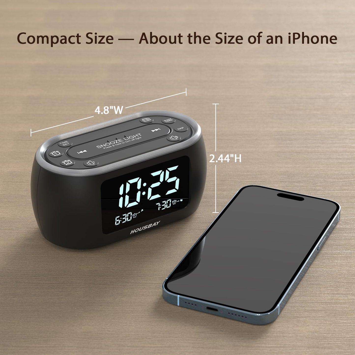 HOUSBAY Digital Alarm Clock Radio for Bedrooms, Phone-Free Wake-up with Dual Alarm, Night Light, Small Radio Clock for Bedside
