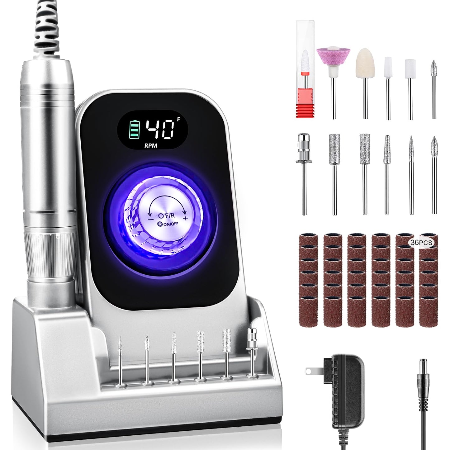 Professional Nail Drill, Urbuti 40000RPM Rechargeable Electric Nail Drill Machine with Base & 12 Drill Bit for Remove Gel Nail Polish Acrylic Nails Manicure for Salon Home(Gray)
