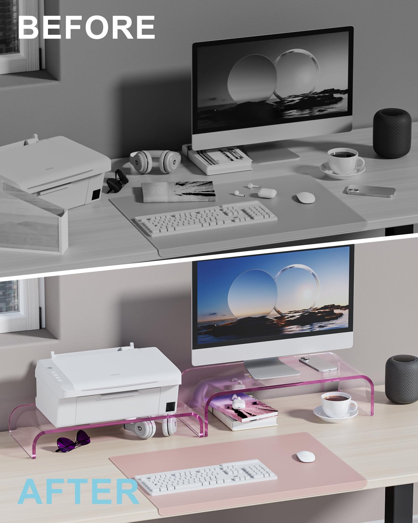 ERGO COLLECT Acrylic Dual Monitor Stand Riser, 2 Tier Detachable Laptop Stand, Computer Desk Organizer Shelf for PC, Laptop, iMac, Home Office (Pink)