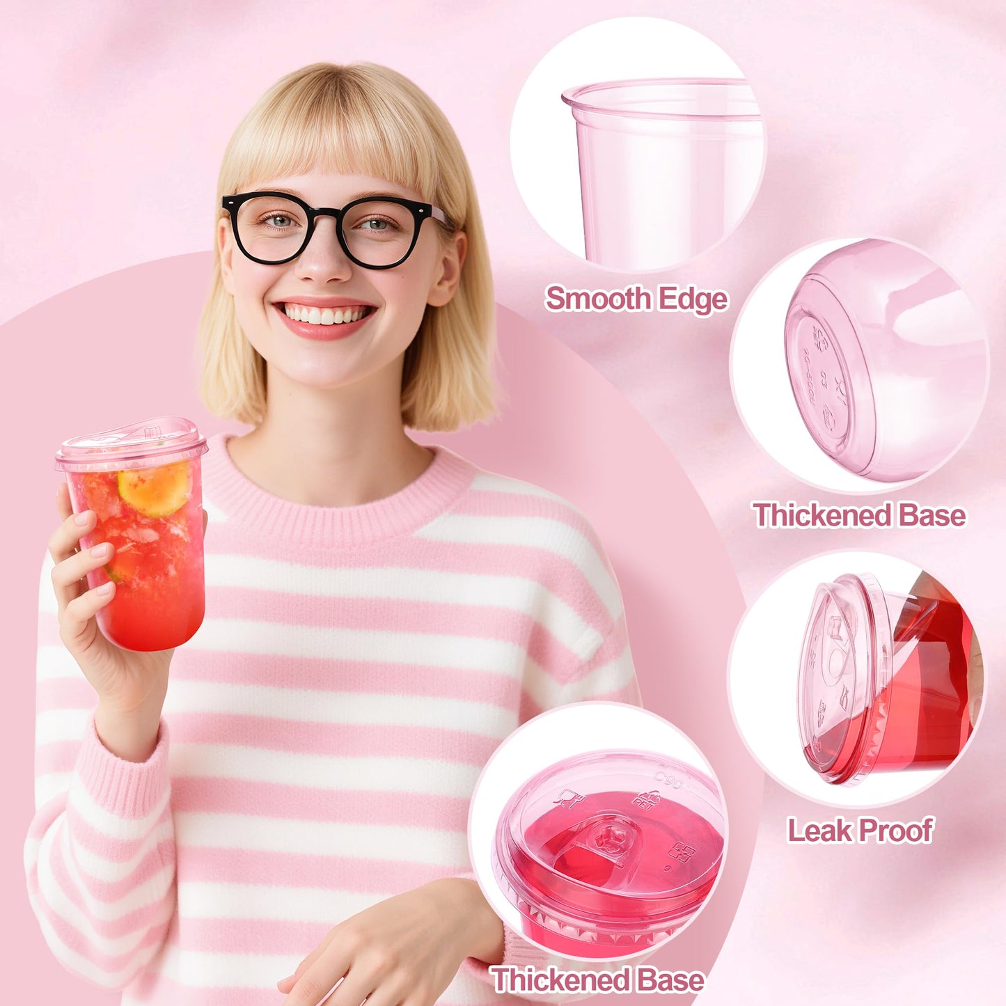 KesaPlan 50 Pack 16 oz Pink Plastic Cups with Sip Lids, Disposable Iced Coffee Cup with Strawless Lid, Round Bottom Stemless To Go Glasses for Cold Drinks Smoothie Milkshake Lemonade