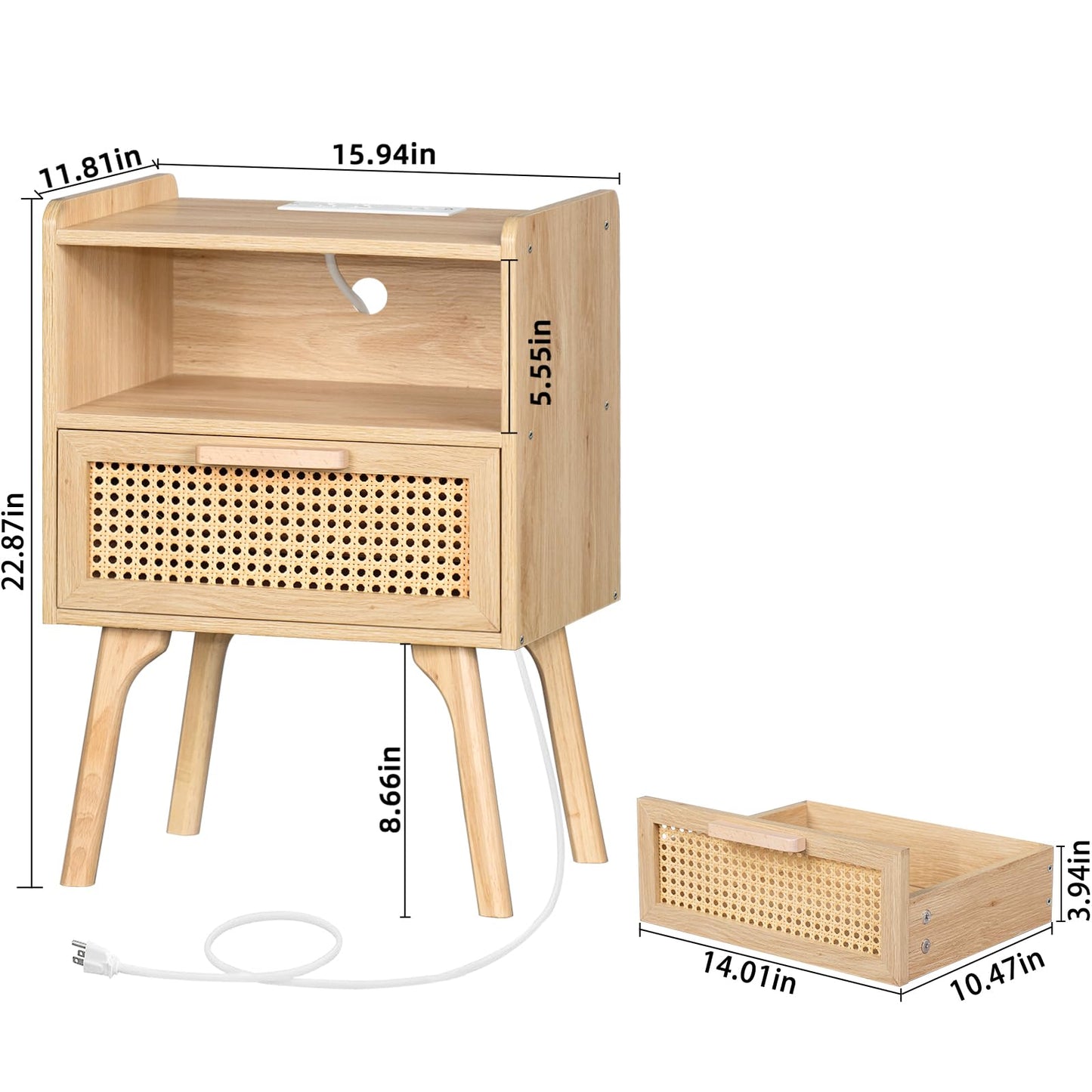 Lerliuo Rattan Nightstand with Charging Station, Boho Side Table with Drawer Open Shelf, Cane Accent Bedside End Table for Bedroom, Dorm and Small Spaces