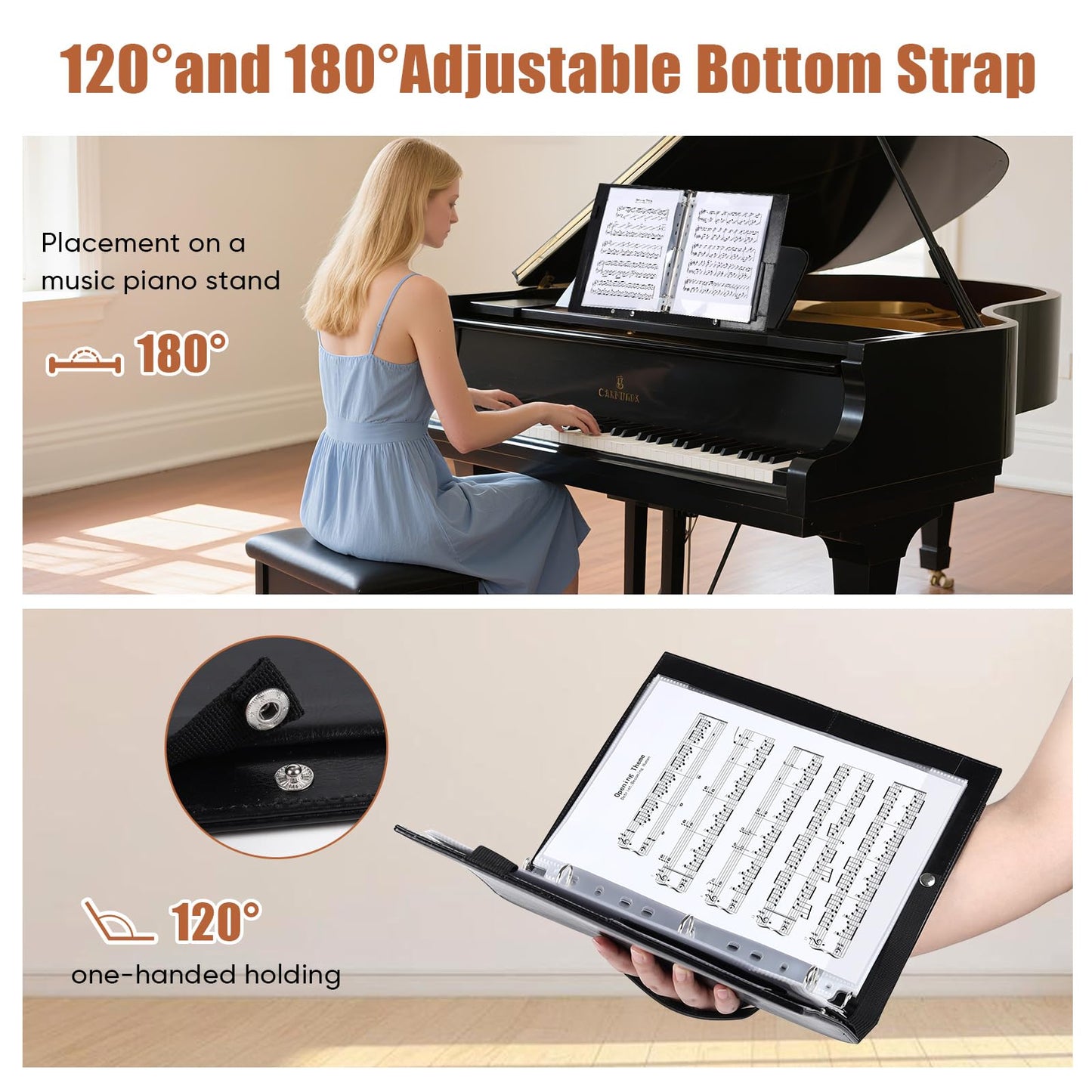 Sheet Music Folders Choir Binder: Piano Music Sheet Holder Storage Fits Letter Size 8.5 x 11 Inch - 3 Ring PU Leather Choral Music Folder with Hand Strap for Guitar, Orchestra, Band (PU Leather)