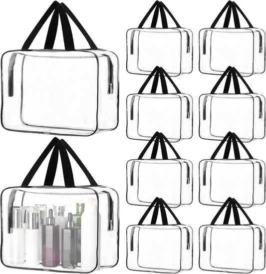 10 Pack Large Clear Cosmetic Bags, Clear Makeup Bag with Handle Plastic Toiletry Bag Travel Makeup Organizer Tote Bags Storage Pouches Bulk with Zipper for Beach, Traveling, Shopping