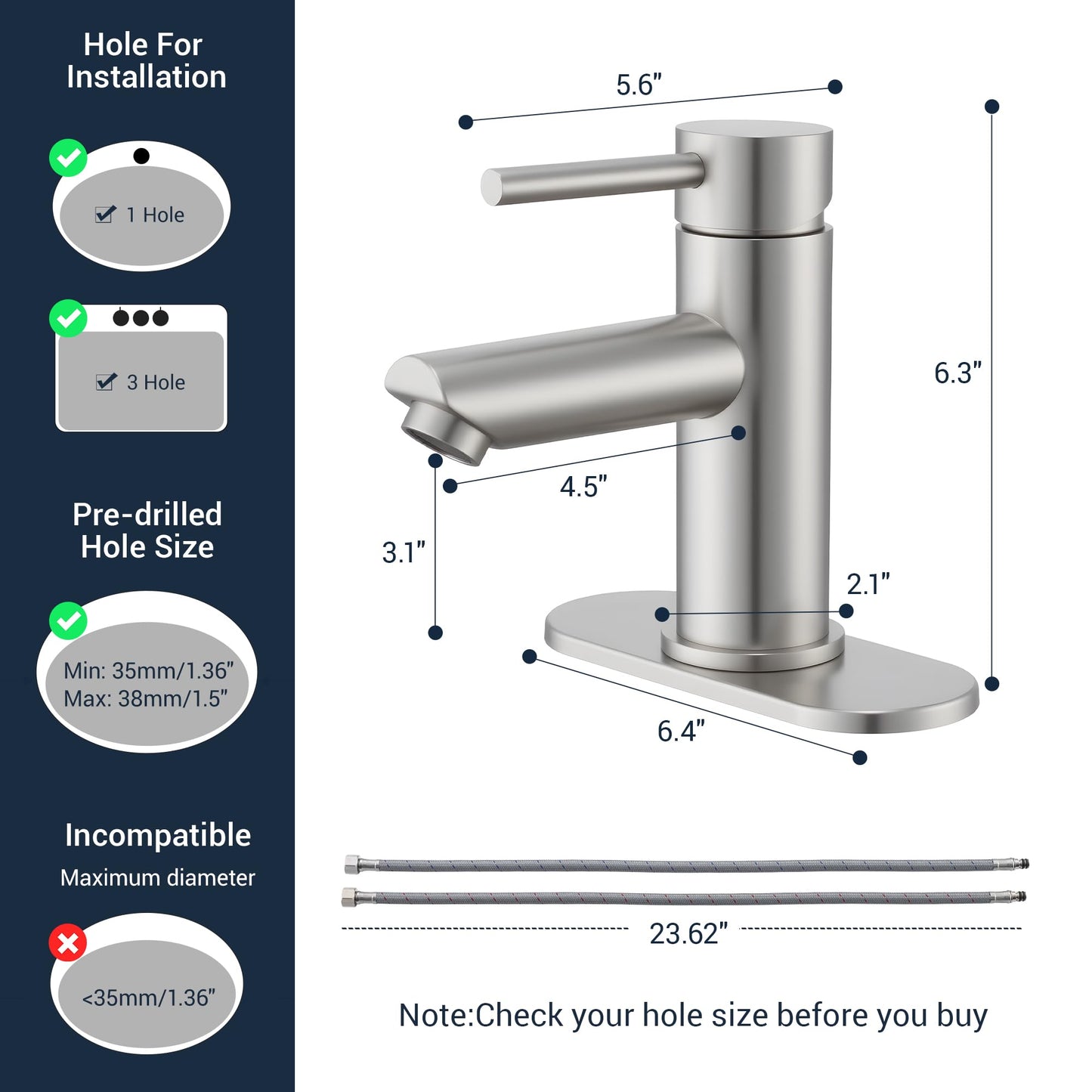 KPW Bathroom Faucets Lavatory Faucet Single Handle Brushed Nickel Stainless Steel Faucet Deck Mount 1 or 3 Hole with Deck and Pop-up Drain Water Supply Hoses