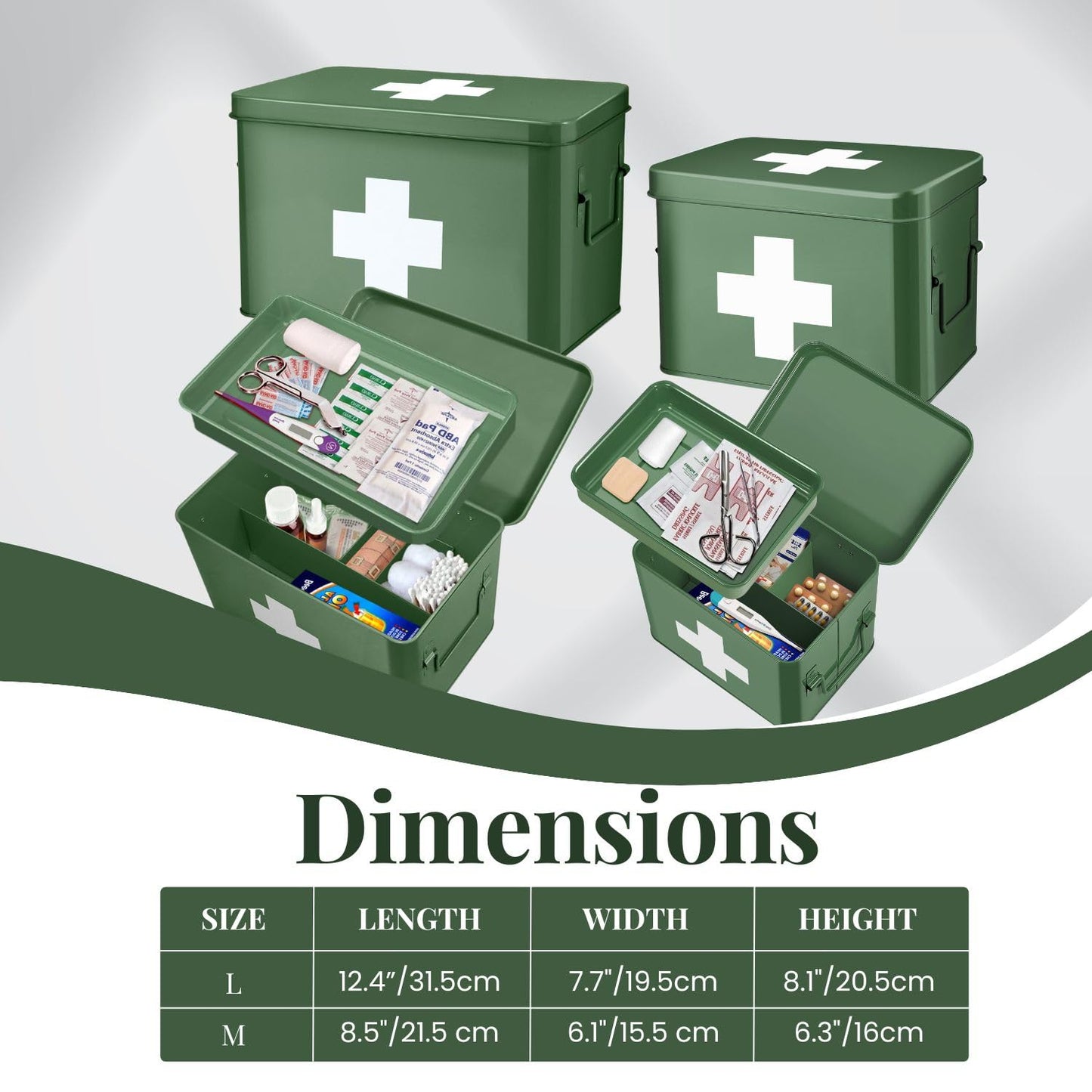 Flexzion First Aid Box Organizer, Empty 8.5 Inch Green Vintage First Aid Kit Tin Metal Medical Box First Aid Storage Box Container Bins with Dividers, Removable Tray and Cross Logo