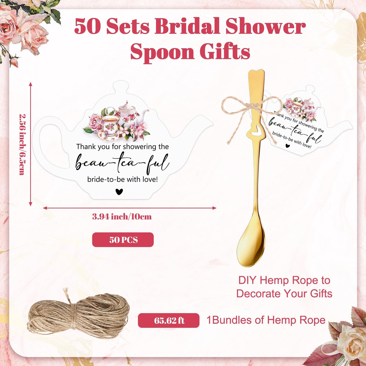 Skybooly 50 Sets Bridal Shower Tea Party Favors for Guests Mini Coffee Spoons Small Spoons Heart Spoon with Teapot Idea Thank You Cards and Hemp Rope Wedding Souvenirs Tea Party Supplies