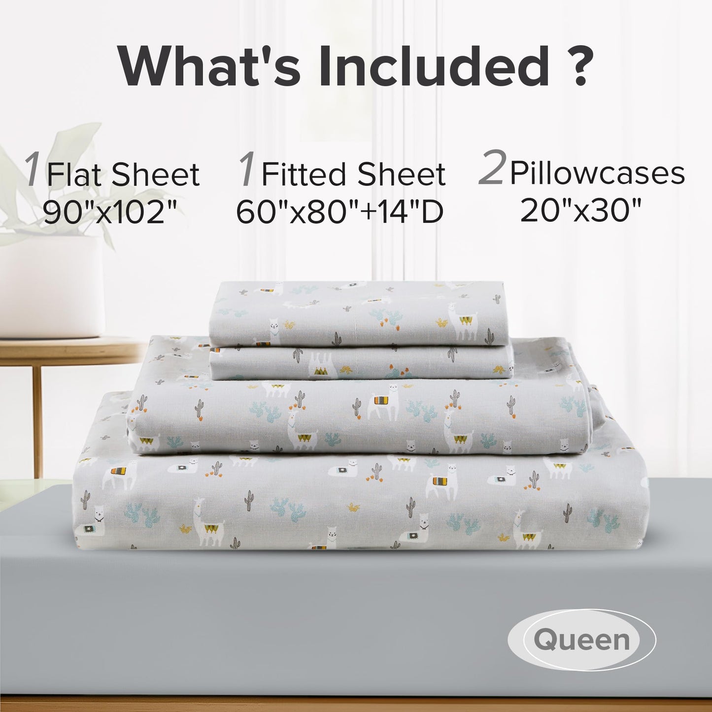 Comfort Spaces 100% Cotton Sheets Queen, Breathable, Naturally Cool Cotton Sheets, Soft Cotton Bed Sheets with 14" Elastic Pocket Fits up to 16" Mattress, All Seasons Sheet Set, Lama Multi 4 Piece