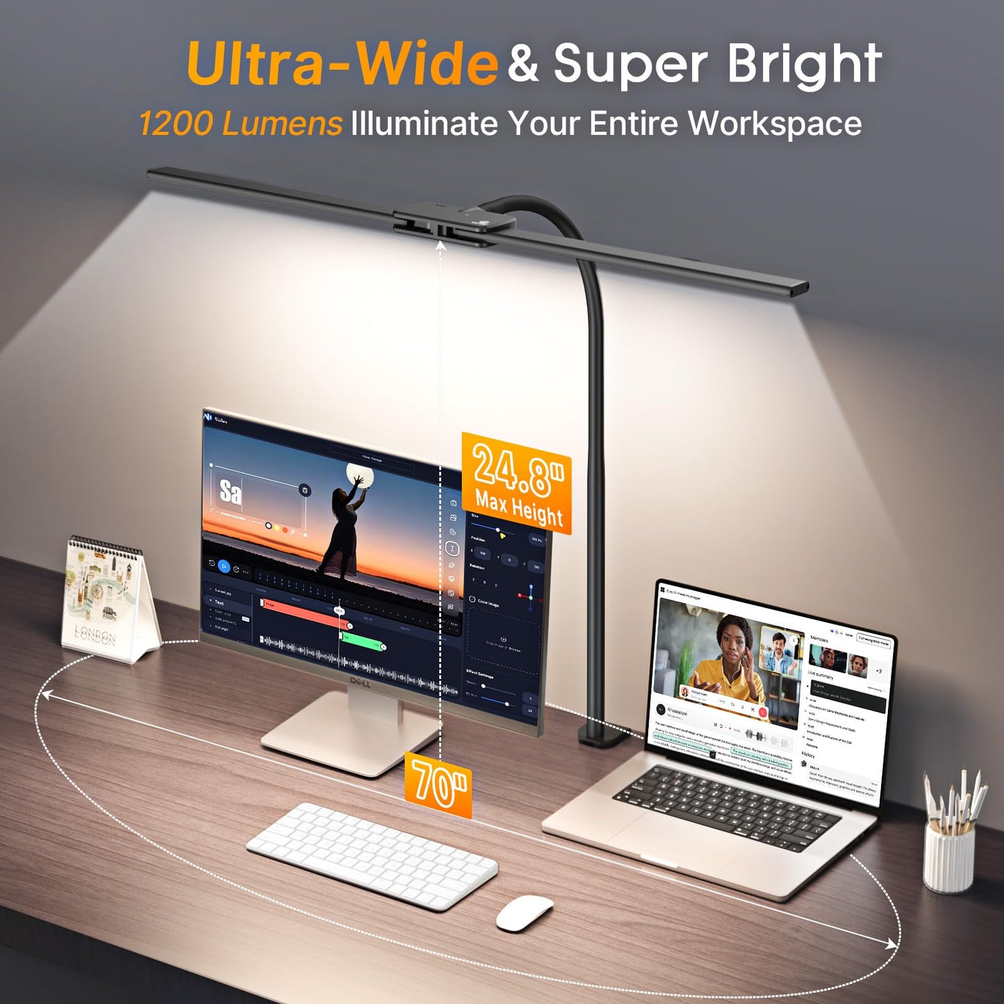 Syrinx LED Desk Lamp with Clamp,Dual Head Gooseneck Desk Lamps Home Office with Gesture Switch & Wired Control, 18W Bright Adjustable Desk Light Eye-Caring Office Desk Lamp for Crafting Reading