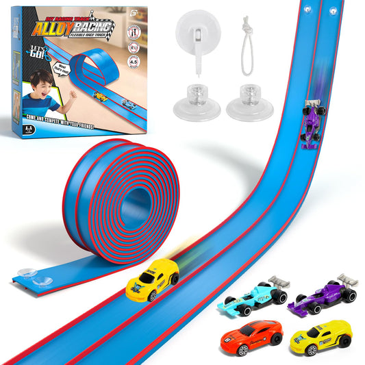 15Ft Flexible Race Car Track Toys for Kids with 4 Car & Suction Cups, Flex Tracks Starter Set Compatible with 1:64 Diecast Cars Portable Rolls Up DIY Racetrack, Gifts for Boys Girls Age 3-5 4-8+
