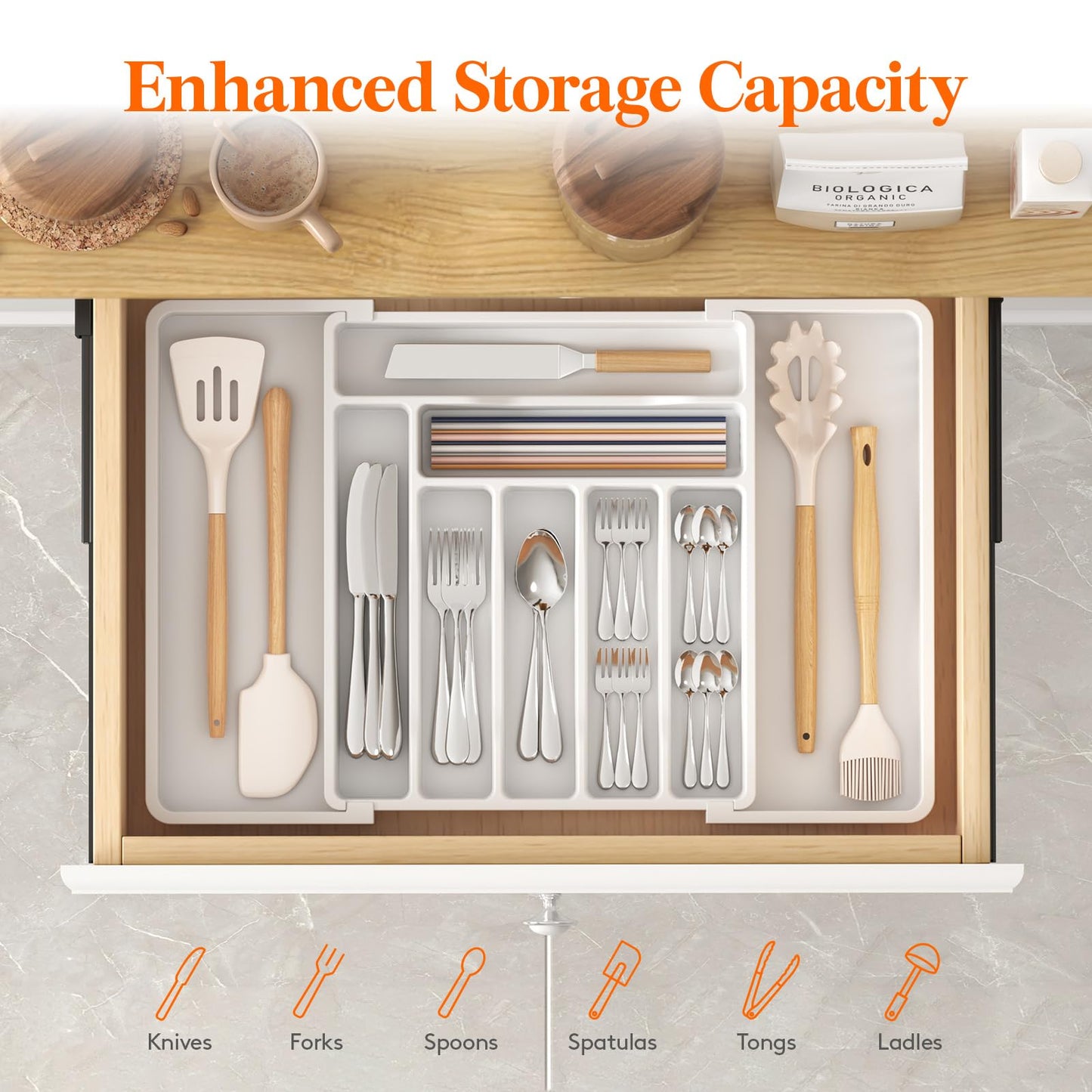 Lifewit Silverware Drawer Organizer, Expandable Utensil Organizer for Kitchen Drawers, Adjustable Cutlery and Flatware Tray, Plastic Spoons Forks Knives Holder Storage Dividers, Large, White