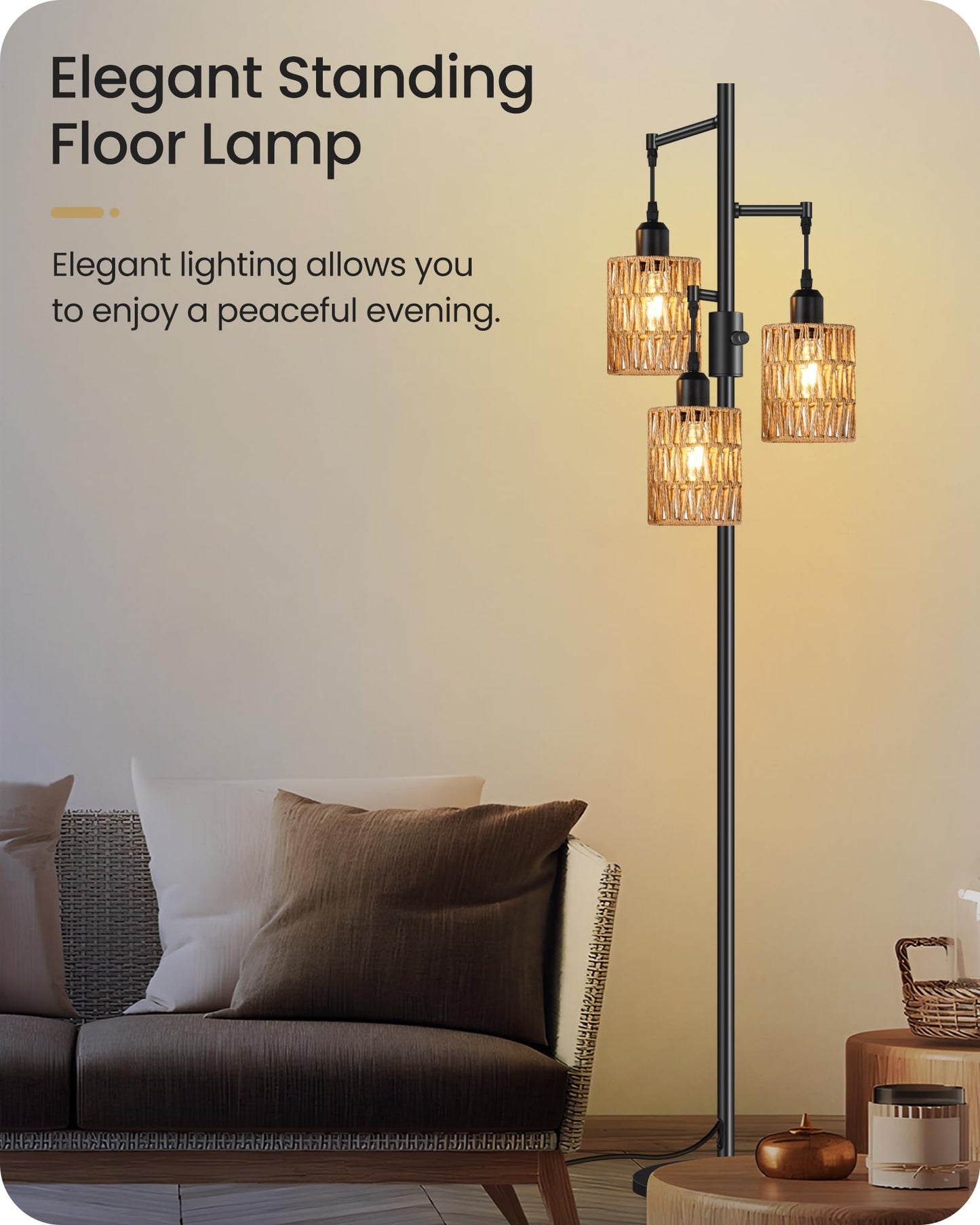 GOEBLESON Dimmable Floor Lamp, Farmhouse 178CM Tall Standing Tree Lamp with 3 Rope Woven Bamboo Lampshades, Boho Rattan Floor Lights, 4W 3 LED Bulbs Included, for Living Room, Bedroom, Study, B03LD05