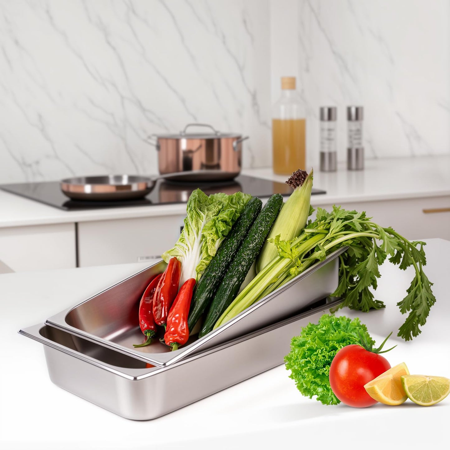 4 Pack Stainless Steel Hotel Pans 1/1 Full Size x 4" Deep Steam Table Pan 0.8 mm Thick with Lid Anti Jam Pan Stainless Steel Steamer Pan for Hotel Restaurant Buffet