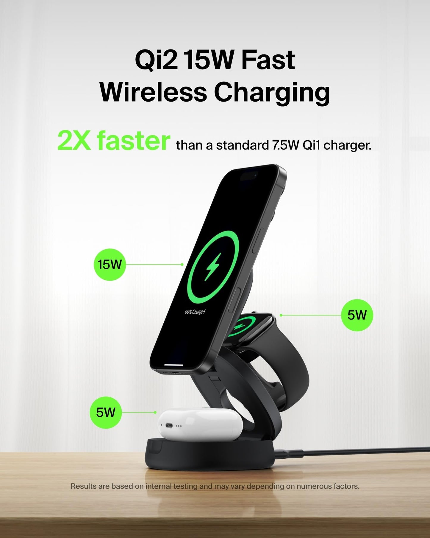 Belkin MagSafe Charger Compatible, 3-in-1 Qi2 Wireless Charging Station 15W, Convertible Wireless Charger for iPhone 17, Apple Watch, AirPods, Portable Phone Stand for Travel w/ 36W Adapter - Black